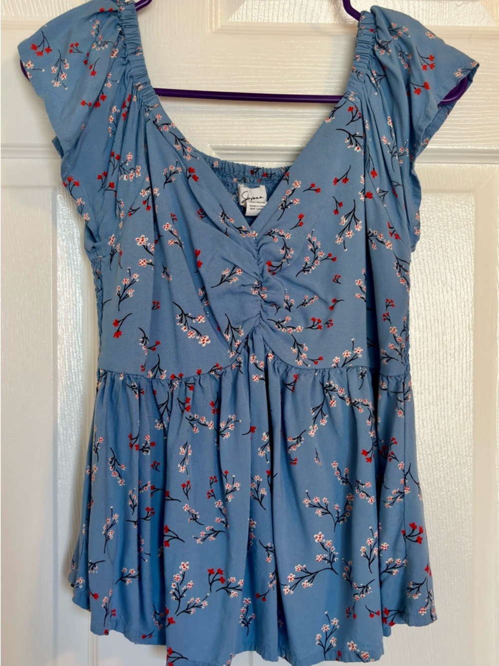 Japna Blue Floral Babydoll Top Smocked Back Ruffle Sleeve Boho Medium